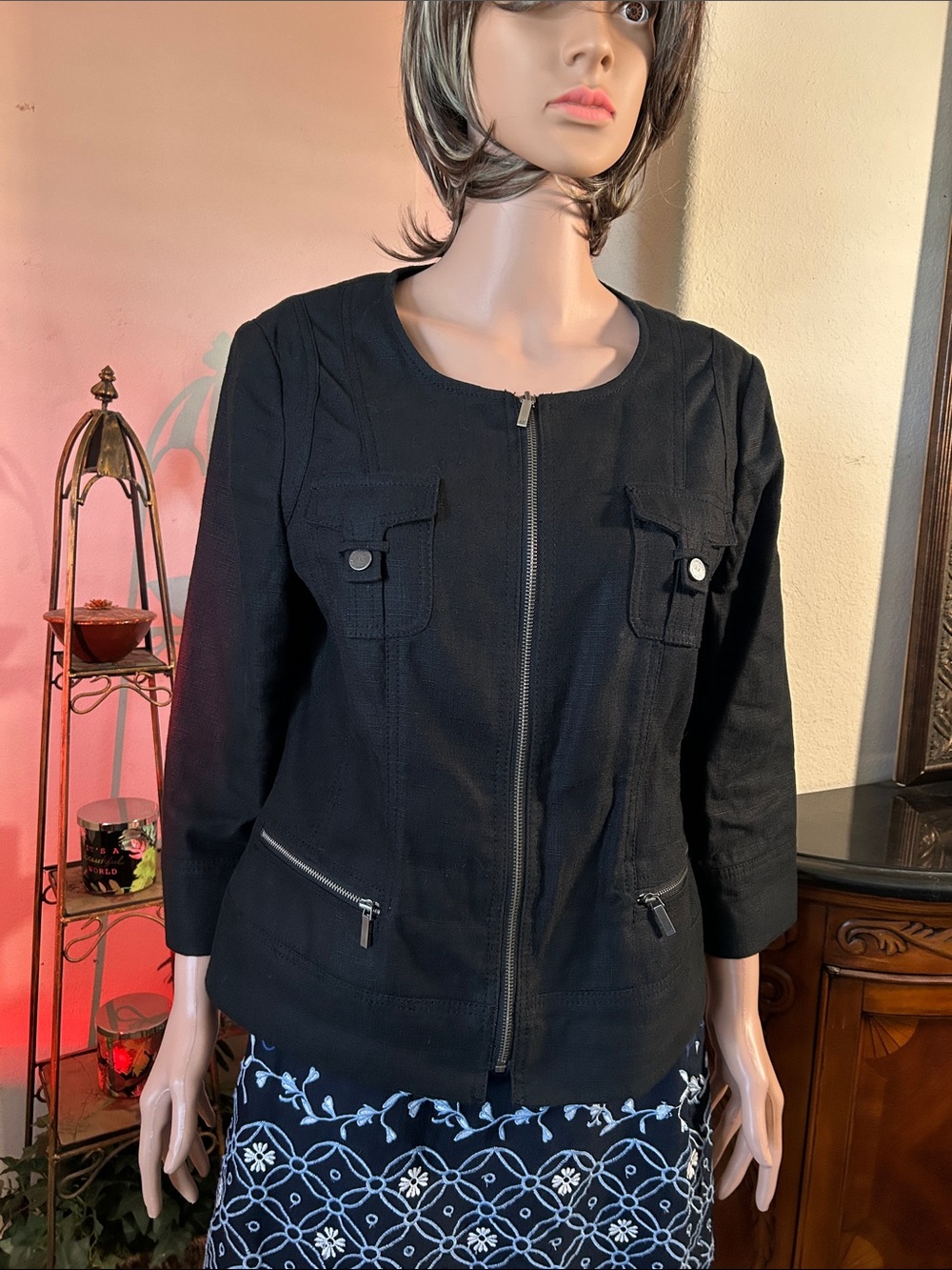 Anne Klein Black Zip-Front Utility Jacket
